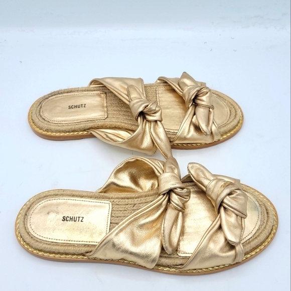 SCHUTZ Metallic Espadrille Slide Sandals Soft Gold Size 37. - Picture 15 of 16